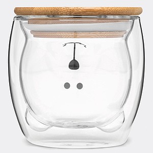 Dvoustěnný skleněný hrnek s bambusovým víčkem, vnitřní stěna ve tvaru medvídka, 250ml