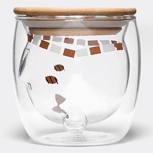 Dvoustěnný skleněný hrnek s vnitřní stěnou ve tvaru medvídka se zimní šálou, bambusové víčko, 250ml