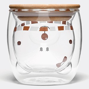 Dvoustěnný skleněný hrnek s vnitřní stěnou ve tvaru medvídka se zimní šálou, bambusové víčko, 250ml