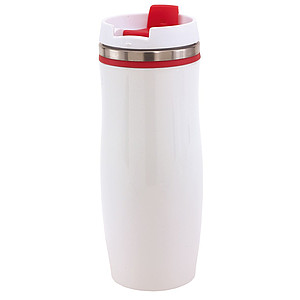 GAMA Bílý nerezový termohrnek s barevným pruhem, 400 ml, červená