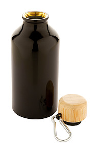 Hliníková láhev na pití, 400ml, s bambusovým víčkem, černá