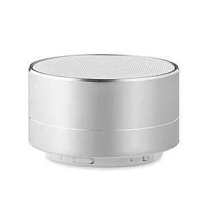 Hliníkový bluetooth reproduktor se světlem na spodní straně, matně stříbrný - ekologické reklamní předměty