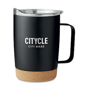 KADIR Dvoustěnný nerezový termohrnek s víčkem a korkovým dnem, 300 ml, černá