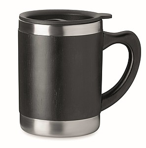 KASAM Termohrnek nerezový, 300 ml, víčko plastové, vnější vrstva z bambusu, černý - reklamní předměty