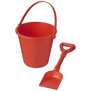 Kbelík a lopatka na písek z recyklovaného plastu, červené - reklamní předměty