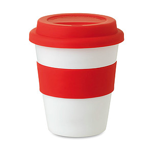 Kelímek se silikonovým úchopem a víčkem, 350 ml, červená - reklamní hrnky