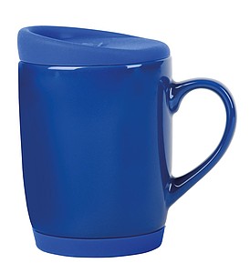 Keramický hrnek, 350ml, se silikonovým víčkem a podstavcem, modrý - reklamní hrnky