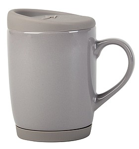 Keramický hrnek, 350ml, se silikonovým víčkem a podstavcem, šedý