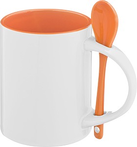 Keramický hrnek se lžičkou, vně bílý, uvnitř oranžový - reklamní hrnky