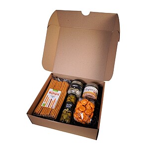 KOLPAN Dárková sada - olivy, tyčinky, cibulky, trhané vepřové maso s panchetou, rýžové krekry v chilli - reklamní předměty