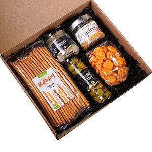 KOLPAN Dárková sada - olivy, tyčinky, cibulky, trhané vepřové maso s panchetou, rýžové krekry v chilli