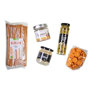 KOLPAN Dárková sada - olivy, tyčinky, cibulky, trhané vepřové maso s panchetou, rýžové krekry v chilli