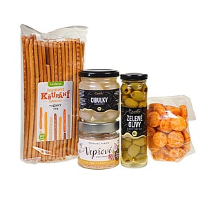 KOLPAN Dárková sada - olivy, tyčinky, cibulky, trhané vepřové maso s panchetou, rýžové krekry v chilli