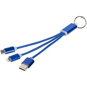 Kovový nabíjecí kabel 3v1 s kroužkem na klíče, královská modrá - reklamní předměty