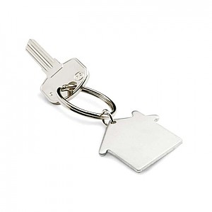 Kovový přívěšek na klíče, tvar domu, stříbrná - klíčenky s potiskem