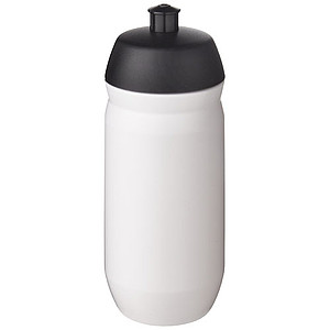 Láhev na pití 500ml, tělo je bílé z pružného plastu, víčko je černé