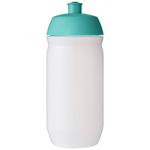 Láhev na pití 500ml, tělo je matně čiré z měkkého plastu, víčko je tyrkysové