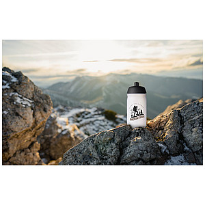 Láhev na pití 500ml, tělo je matně čiré z měkkého plastu, víčko je zelené