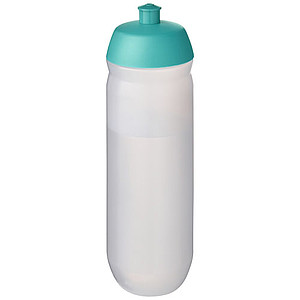 Láhev na pití 750ml, tělo je matně čiré z pružného plastu, víčko je tyrkysové