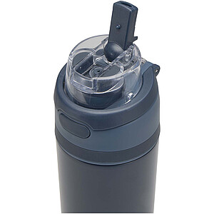 Láhev na vodu Theron 800 ml z recyklované nerezové oceli s jednoduchou stěnou, vybavená víčkem s dvojí funkcí a sklopnou brčk, námořní modrá