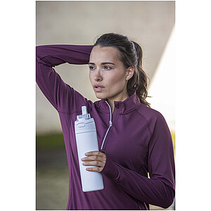 Láhev na vodu Theron 800 ml z recyklované nerezové oceli s jednoduchou stěnou, vybavená víčkem s dvojí funkcí a sklopnou brčk, námořní modrá
