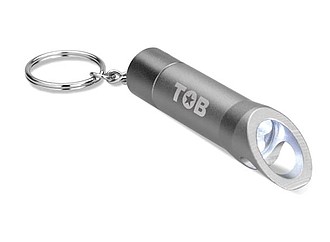 LED svítilna s otvírákem a kroužkem na klíče, stříbrná