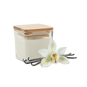 LICULA Vonná skleněná svíčka z rostlinného vosku s bambusovým víčkem, bílá (vanilka) - reklamní předměty