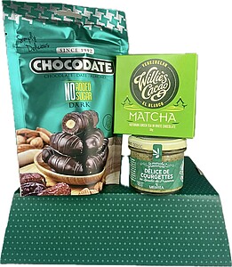 MACUDAS Dárková sada dubajských čokodatlí, bílé čokolády Matcha s Kotobuki greentea a Meditea pochoutky z cuket - reklamní předměty