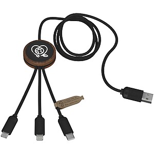 Nabíjecí kabel 3v1 z rPET se svítícím logem a kulatým bambusovým pouzdrem SCX.design C36, hnědá