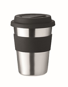 Nerezový pohárek se silikonovým úchopem, objem 350ml, černá - ekologické reklamní předměty