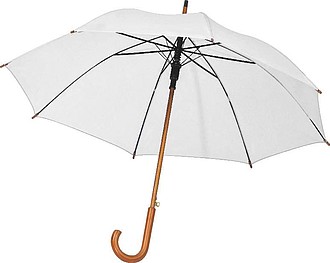 PERIL Automatický deštník z recyklovaného polyesteru, dřevěná rukojeť, bílá