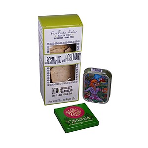 PESCADO Dárkové balení (Čokoláda GINGER LIME hořká se zázvorem a limetkou 70%, Křupavé tyčinky mini Linguette s rozmarýnem, Francouzské sardinky 