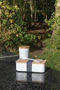 Plastový lunchbox s bambusovým víčkem a vidličkou, bílá