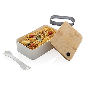 Plastový lunchbox s bambusovým víčkem a vidličkou, bílá