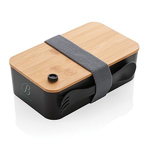 Plastový lunchbox s bambusovým víčkem a vidličkou, černá