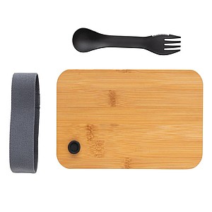 Plastový lunchbox s bambusovým víčkem a vidličkou, černá