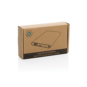 Powerbanka 4000mAh, recyklovaný plast a hliník, stříbrná