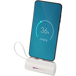 Powerbanka 5000 mAh 10W z recyklovaného plastu s konektorem typu C, výklopným stojánkem a kabelem 2 v 1, bílá