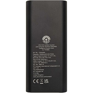 Powerbanka na notebook z recyklovaného hliníku s kapacitou 20 000 mAh a výkonem 70 W, černá