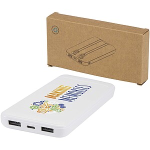 Powerbanka z recyklovaného plastu s kapacitou 10 000 mAh a výkonem 10 W se dvěma vestavěnými kabely, bílá