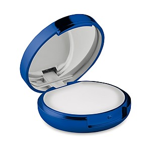 Přírodní balzám na rty v krabičce v kovovém vzhledu se zrcátkem ve víčku, SPF 15, modrý - reklamní předměty