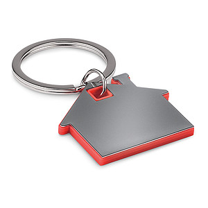 Přívěsek na klíče ve tvaru domu z nerezu a ABS plastu, červená
