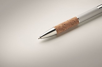 Propiska s modrou náplní a korkovým úchopem, stříbrná