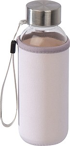 Průhledná skleněná láhev, objem 300ml, s neoprénovým obalem - reklamní předměty