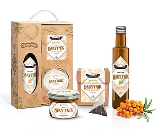 RAKELO Dárková rakytníková sada (100% BIO rakytníková šťáva, rakytníkový čaj a rakytníkový džem) - reklamní předměty