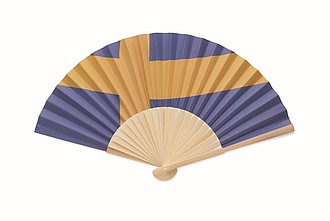 Skládací vějíř, bambus, papír, design vlajky Švédska