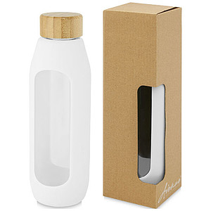 Skleněná láhev, 600ml, s bambusovým víčkem a bílým silikonovým obalem - reklamní předměty
