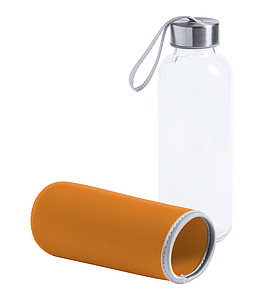 Skleněná láhev na pití, 420ml,oranžový neoprenový rukáv