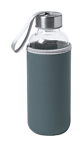 Skleněná láhev na pití, 420ml, šedý neoprenový rukáv