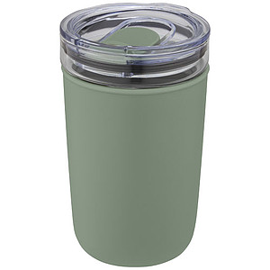 Skleněný hrnek, 420ml, s plastovou vnější stěnou a víčkem, zelený